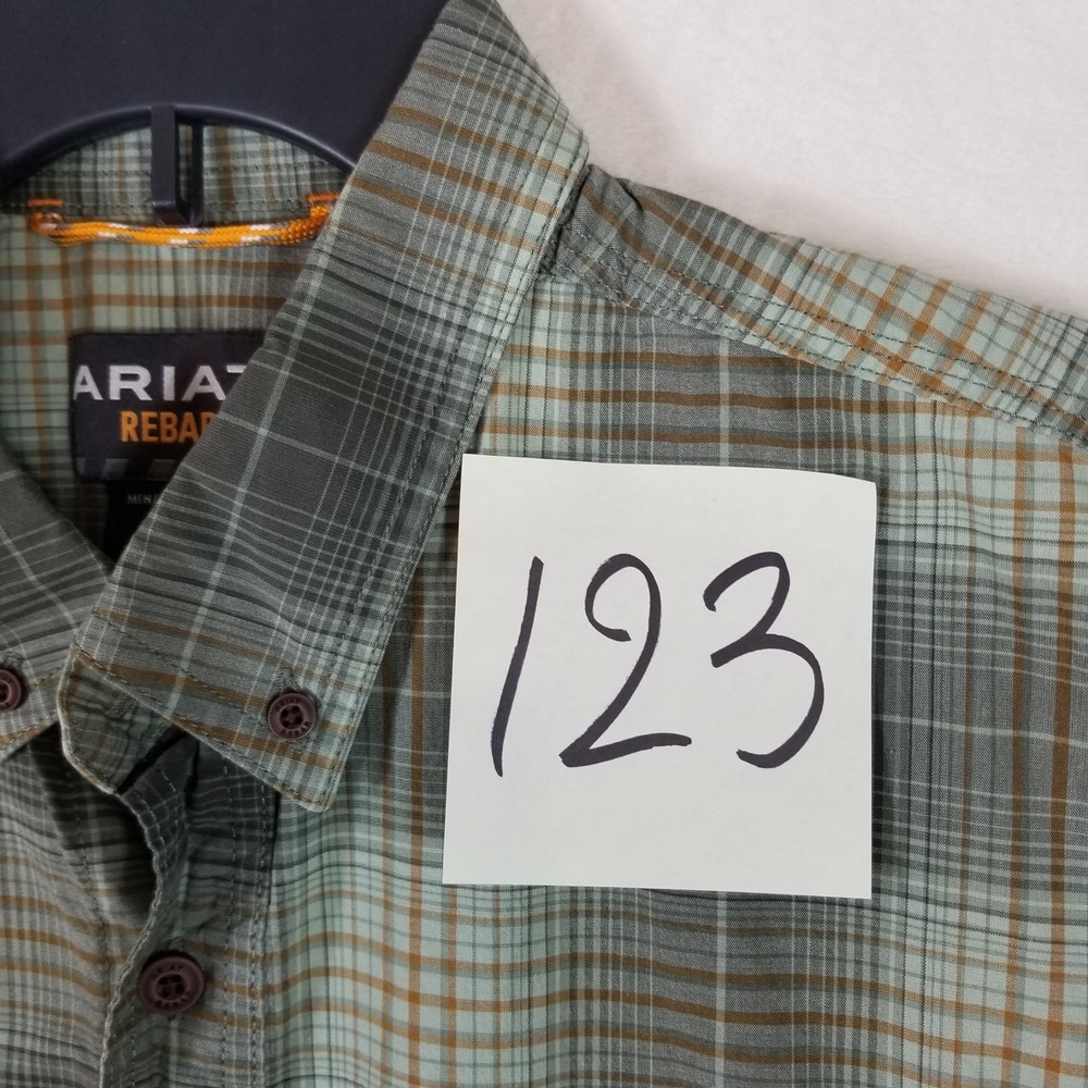 Ariat Rebar Mens Large Green Plaid Short Sleeve Button Down Work Shirt Stretch - Picture 7 of 7